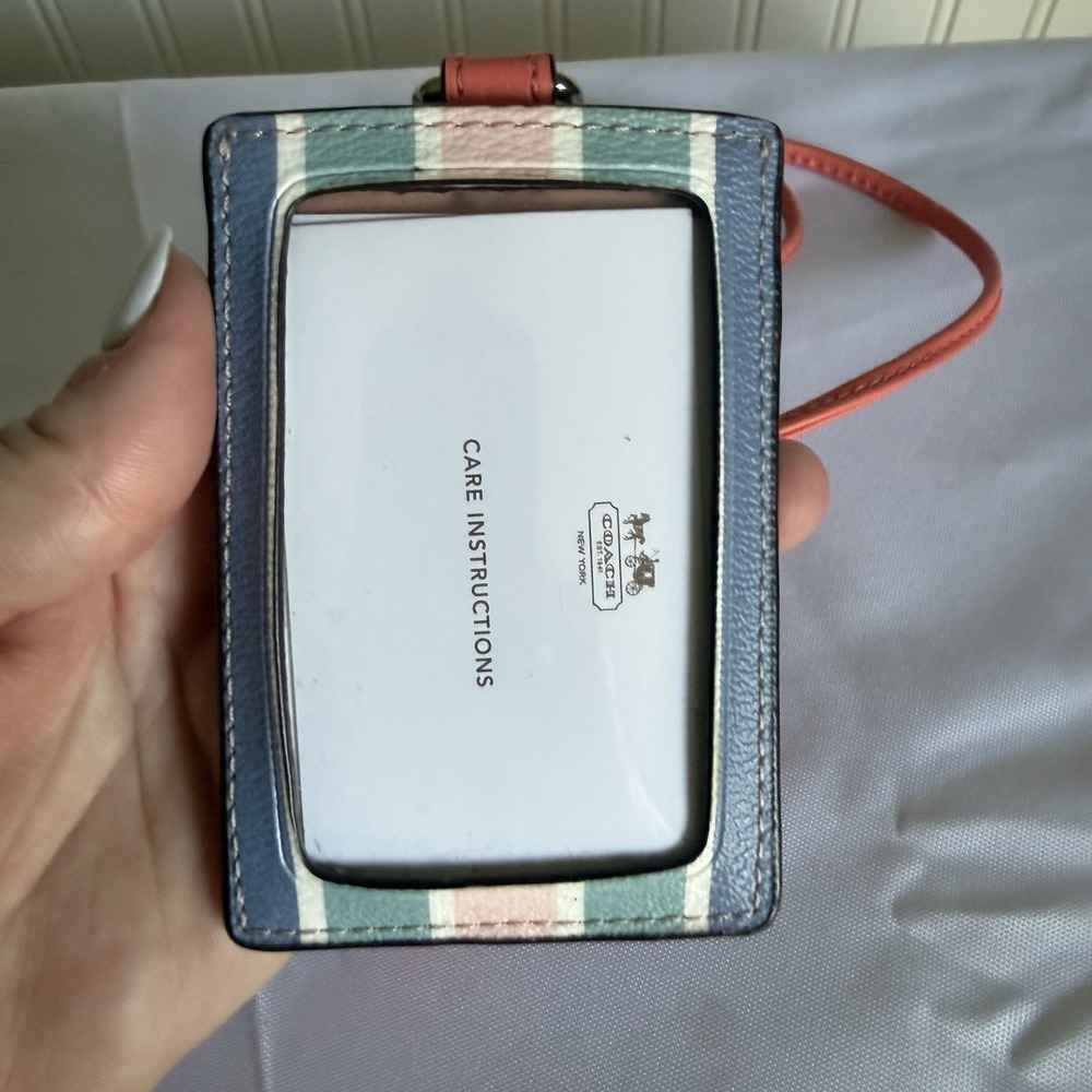 Coach Laynard ID Credit Card Key Holder Pink Teal Blue White Striped Wallet New - Picture 4 of 11